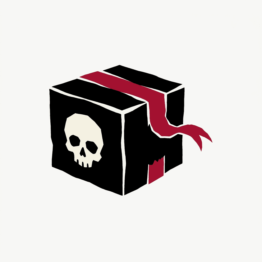 A black parcel with a skull seal and a red ribbon shaped like a forked tongue