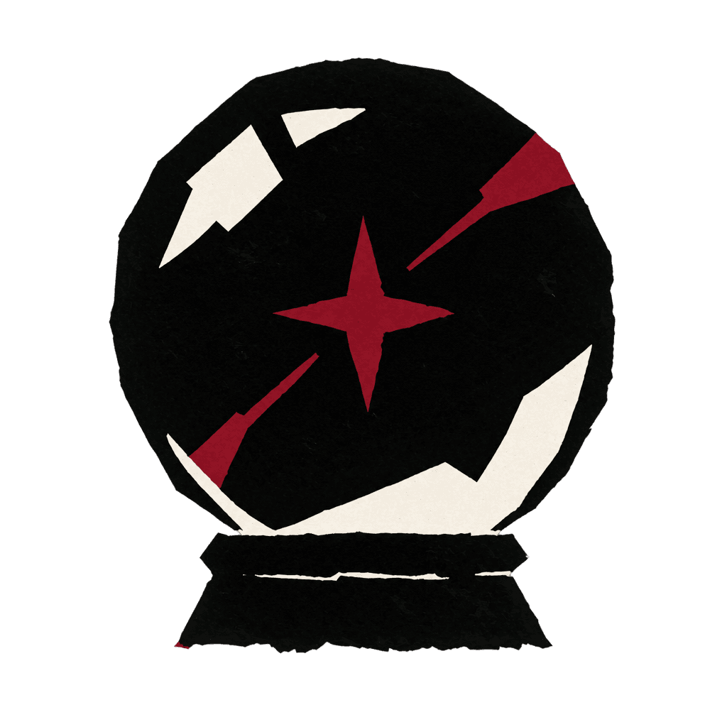 A black cut-paper crystal ball with a crimson star, suggesting a glimpse of the future
