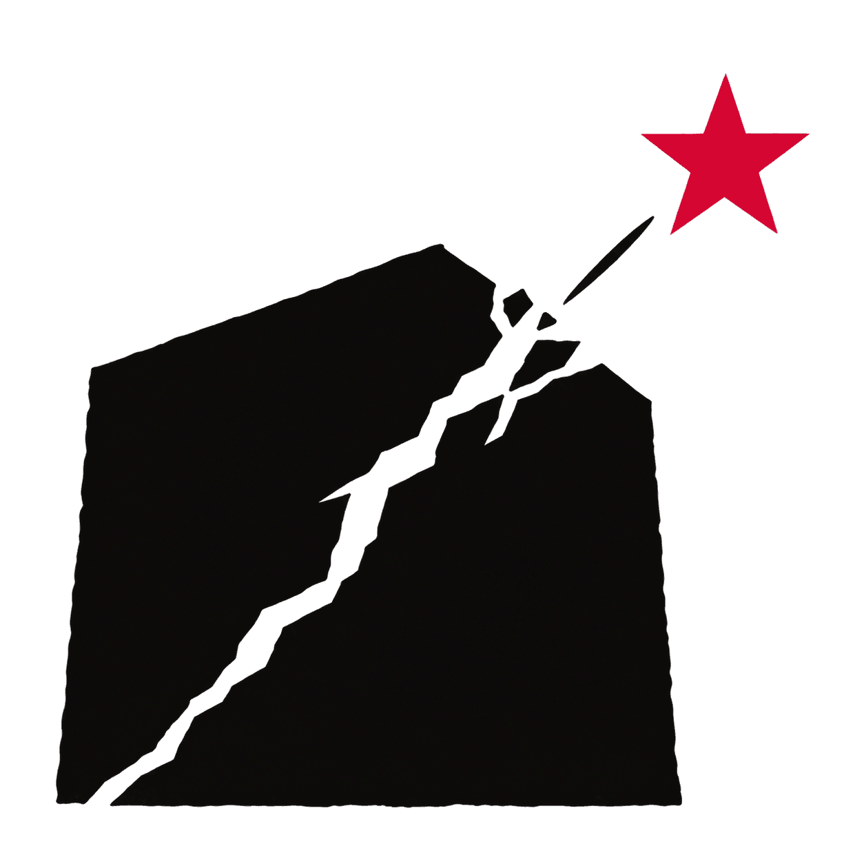 A red star breaking free from a fractured black block