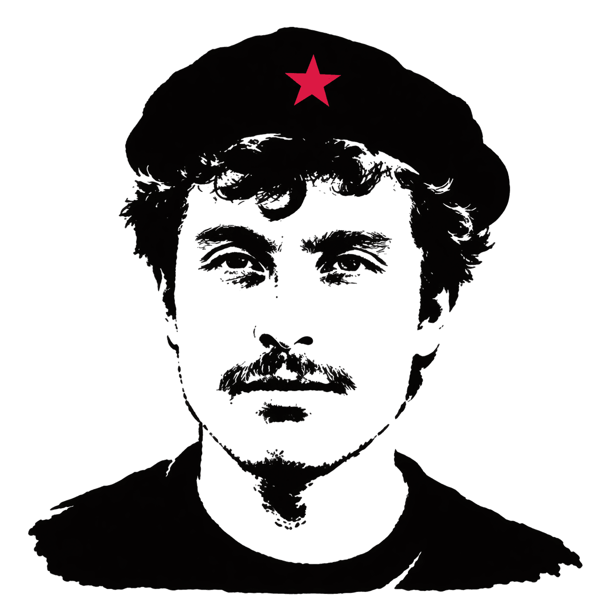 Stencil portrait of Mateo wearing a beret with a red star